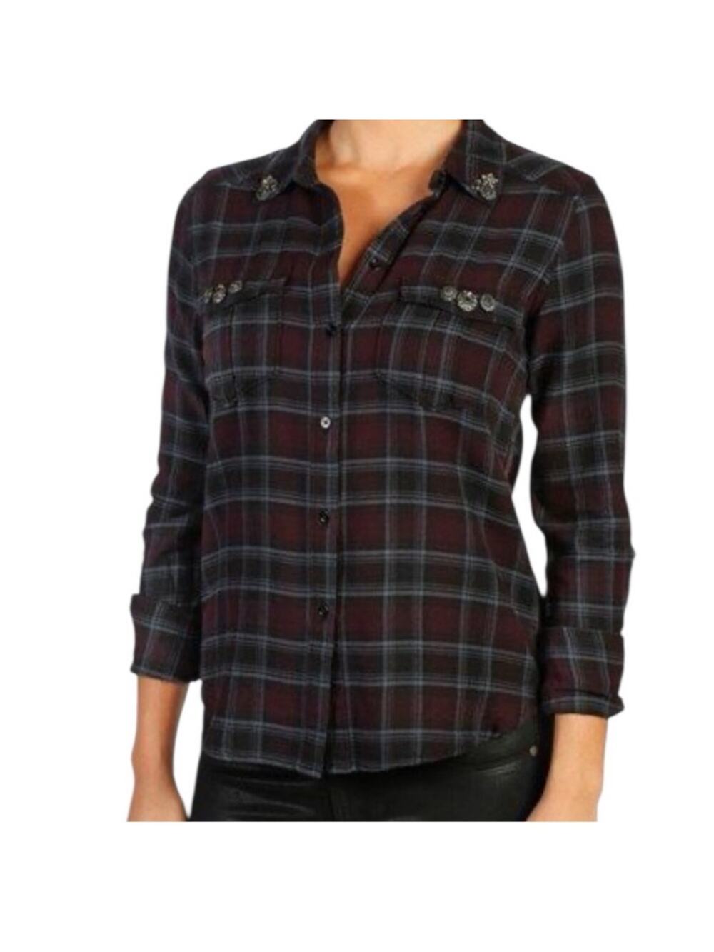 Paige Plaid Flannel Button Front Jewel Accents Women's XS
